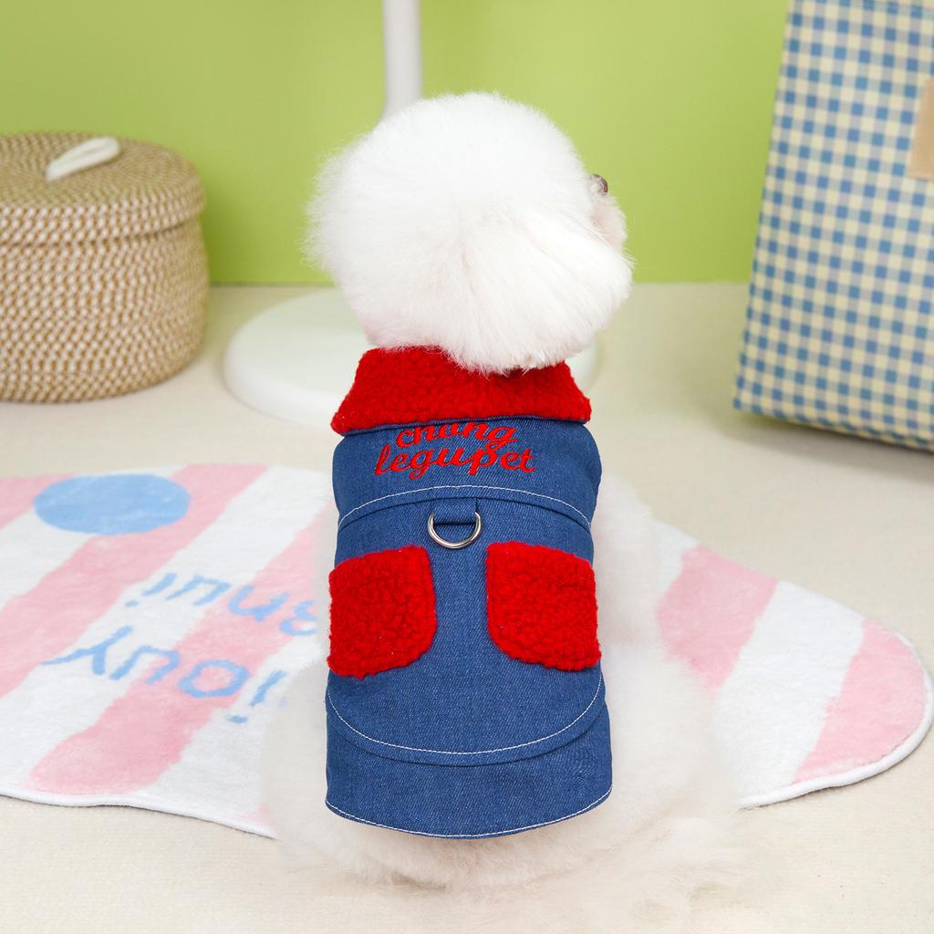 Pet dog clothes autumn and winter thickened warm denim cotton-padded clothes with traction ring vest