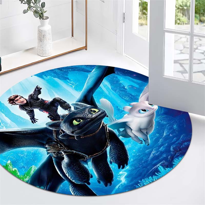 How To Train Your Dragon Character Print Round Area Rug Non‑Slip Floor Mat Fantasy Movie Home Decor for Gaming Bedroom