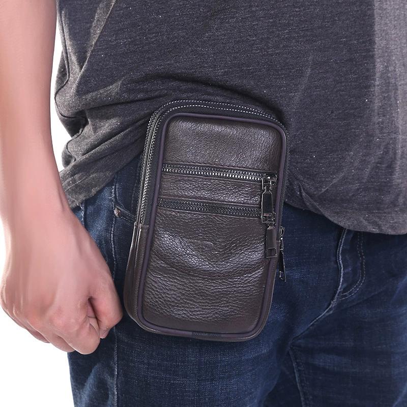 Marsupio da Uomo in Vera Pelle, Doppia Cerniera Multi-Cerniera Porta Telefono Borsa da Cintura per Viaggio, Uso Quotidiano