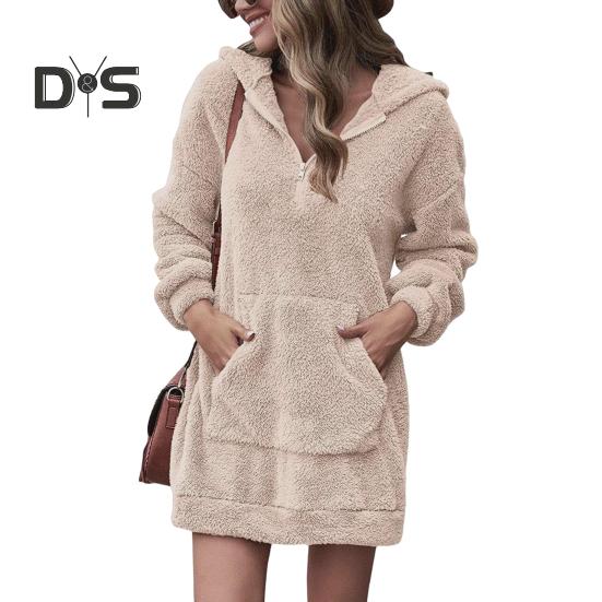 

Женское платье с капюшоном и большим карманом, с длинными рукавами, из плотного плюша, однотонное, свободное мини-платье, повседневная одежда, повседневный топ средней длины M хаки