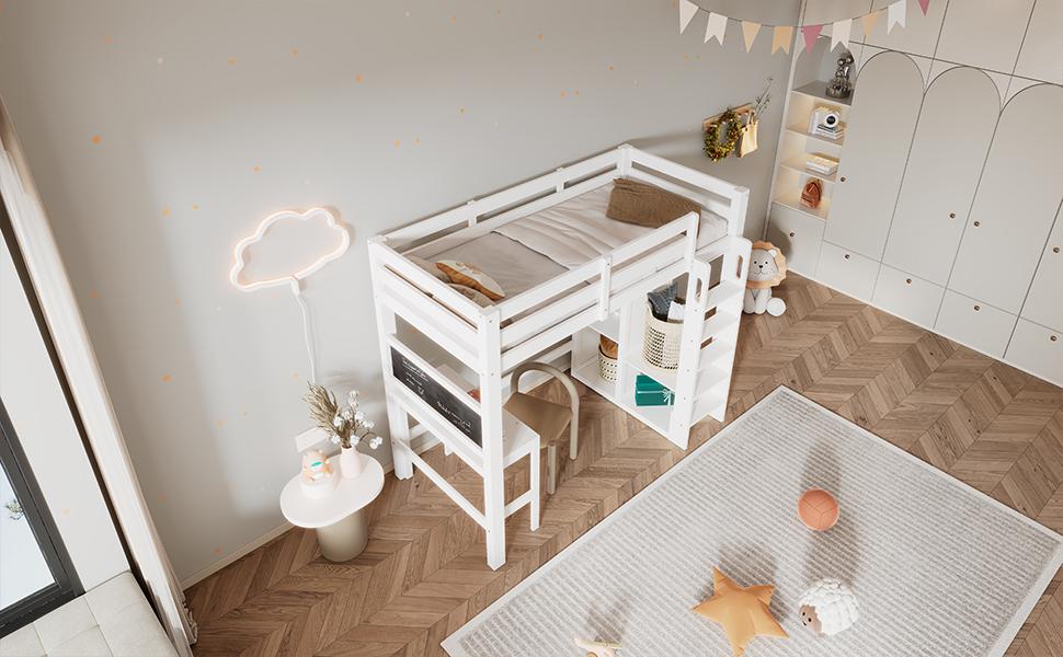 (=AB30624901W)Letto a soppalco per bambini, Scrivania, Armadio aperto e Scaffali, Struttura a doghe e Protezione anticaduta, Superficie di riposo 90x200cm, Bianco (senza materasso)