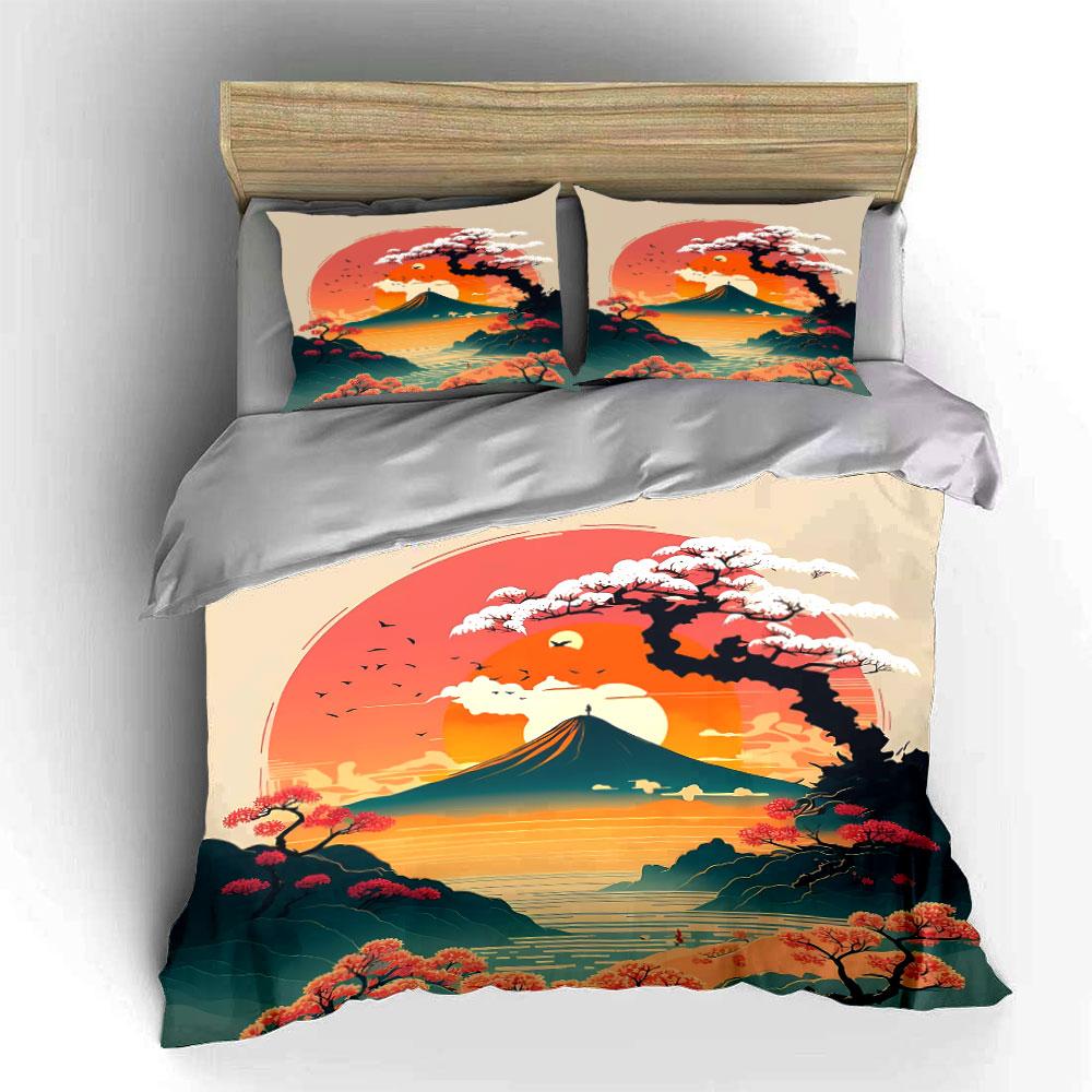 Japanese Landscape Art Set Bedding Set with 1 Duvet Cover 2 Pillowcases Single Double King Queen, Gift