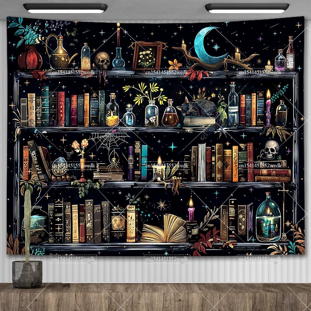 Witch's Library Staircase Tapestry Magic Bookshelf Tapestry Wall Hanging Altar Cloth Aesthetic Room Decor Book Shelves Backdrops