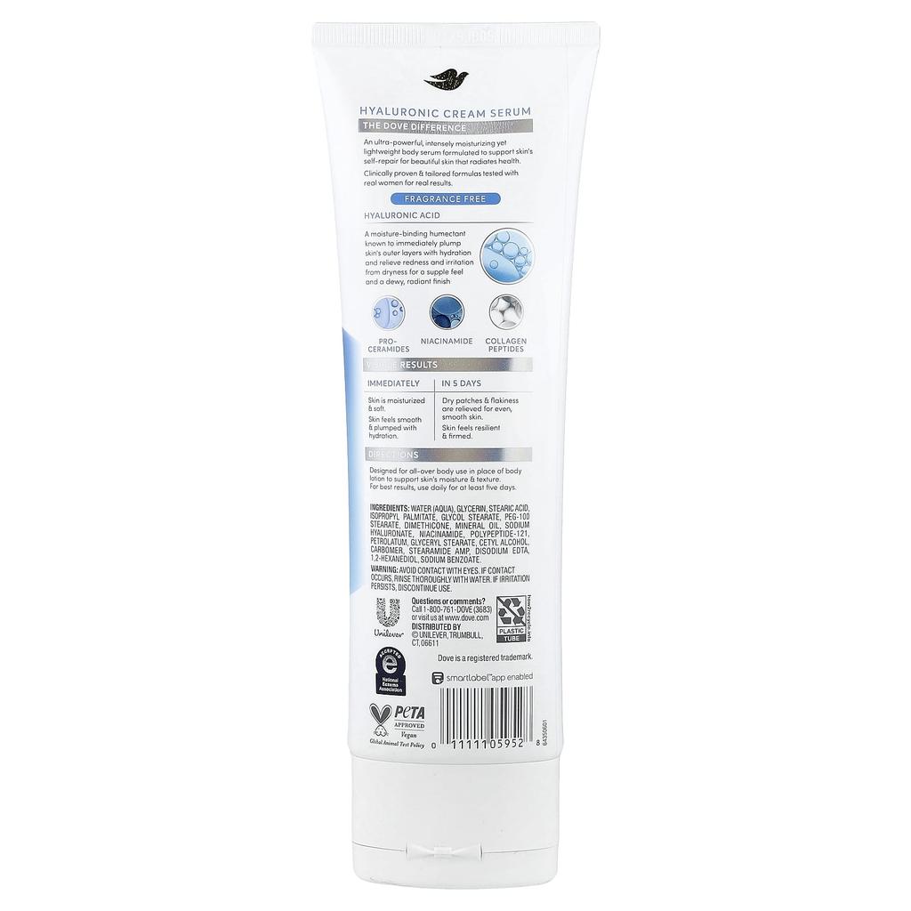 Dove, Body Cream Serum, Hyaluronic + Hydration, Fragrance-Free, , 8 fl oz