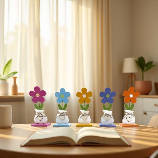 Yousheng 5Pcs/Set Wooden Flower Ornament with Base Boho Farmhouse Rustic 3D Colorful Flower Wood Table Sign Centerpiece Home Office Desktop Decoration