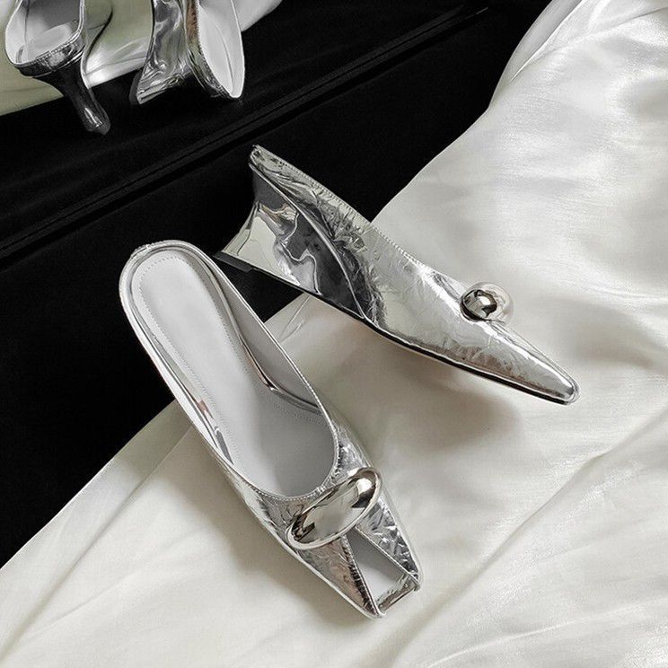 

French silver wedge heel bag head cool slippers women s summer wear metal super versatile fashion high heel muller half drag 40 срібний