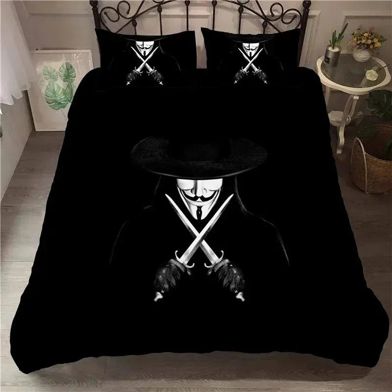 

3D Printed Anonymus With Mask Bedding Set Boys Girls Twin Queen Size Duvet Cover Pillowcase Bed Boys Adult Home Textileextile EU single(135x200cm)