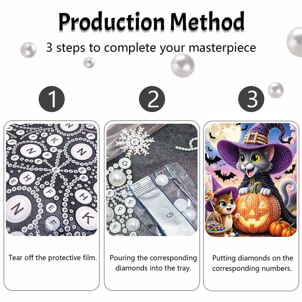 DIY Pearl Bead Art Canvas Cute Cat Halloween Witch Pumpkin Pattern Frameless 3D Painting Kit for Bedroom Living Room Wall Decor