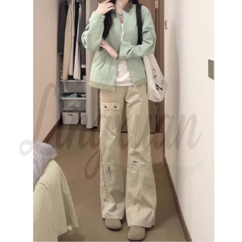 

Women s Khaki Micro-Flare Cargo Pants with Multi-Pockets - Casual Floor-Length Design Extra Small абрикосовый