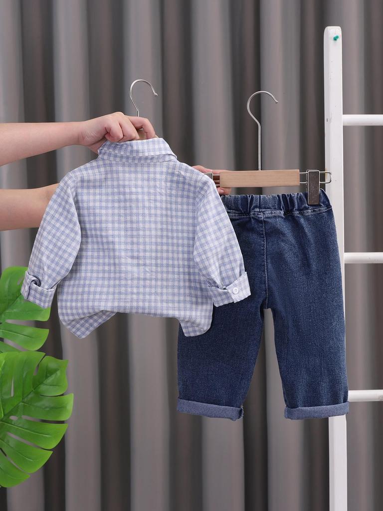 2025 Spring/Autumn Cute Boys' Plaid Shirt & Jeans Set