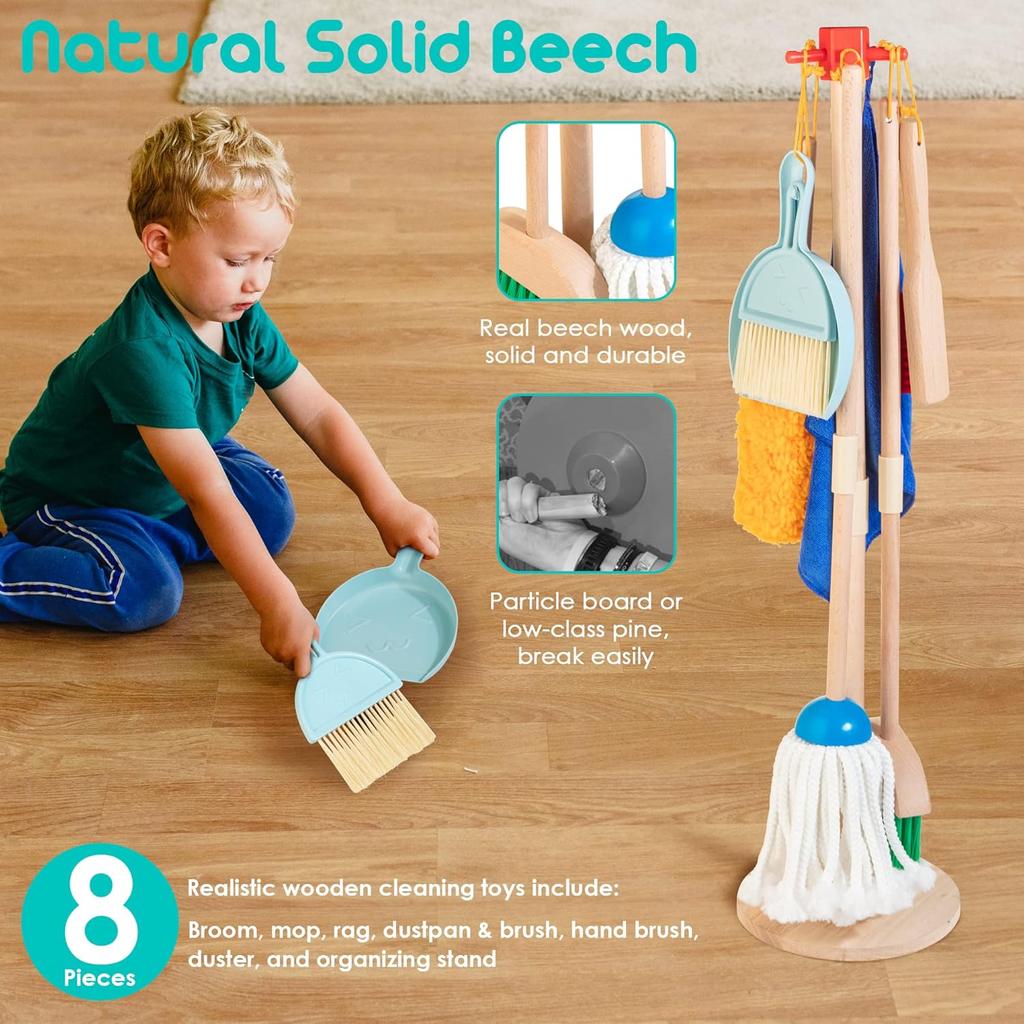 Kids Cleaning Set, 8 Pcs Wooden Housekeeping Play Set Includes Broom Mop Duster Dustpan Brushes Rag and Organizing Stand, Cleaning Toys Gift for