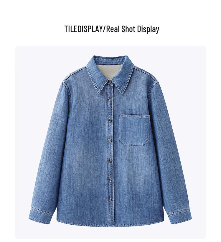 Spring 2026 New Arrival: Lazy Style Velvet-Lined Denim Lapel Shirt with Long Sleeves - Versatile and Casual.
