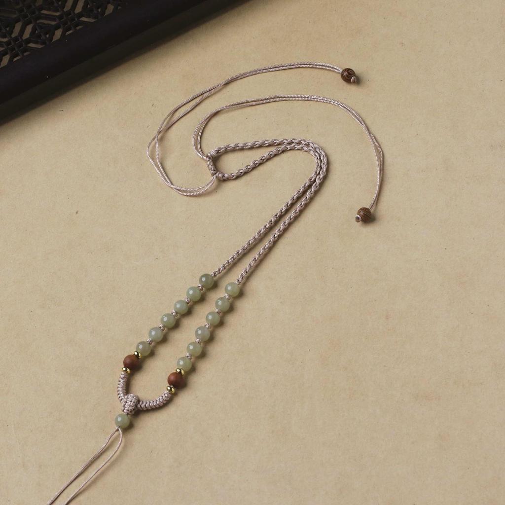 Unisex Thin Hetian Jade Peace Buckle Pendant Necklace with Red Rope