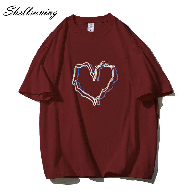 Shellsuning Loose O Neck Cotton Printed Shirts Women Summer Kawaii Heart Graphic Tees Female Casual Short Sleeve Base Black Tops