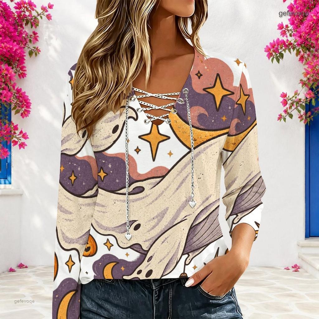 Women Plus Size White V Neck Long Sleeve Eyelet Chain Halloween Ghost Printed Top