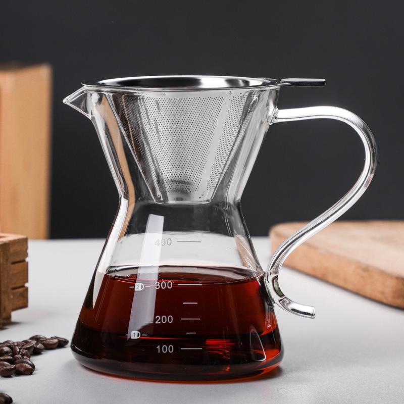Handgebrühter Kaffeekrug, halbrunder Teilungskrug, verdicktes hitzebeständiges Glas mit graduiertem Kaffeekrug-Tropffilterbecher