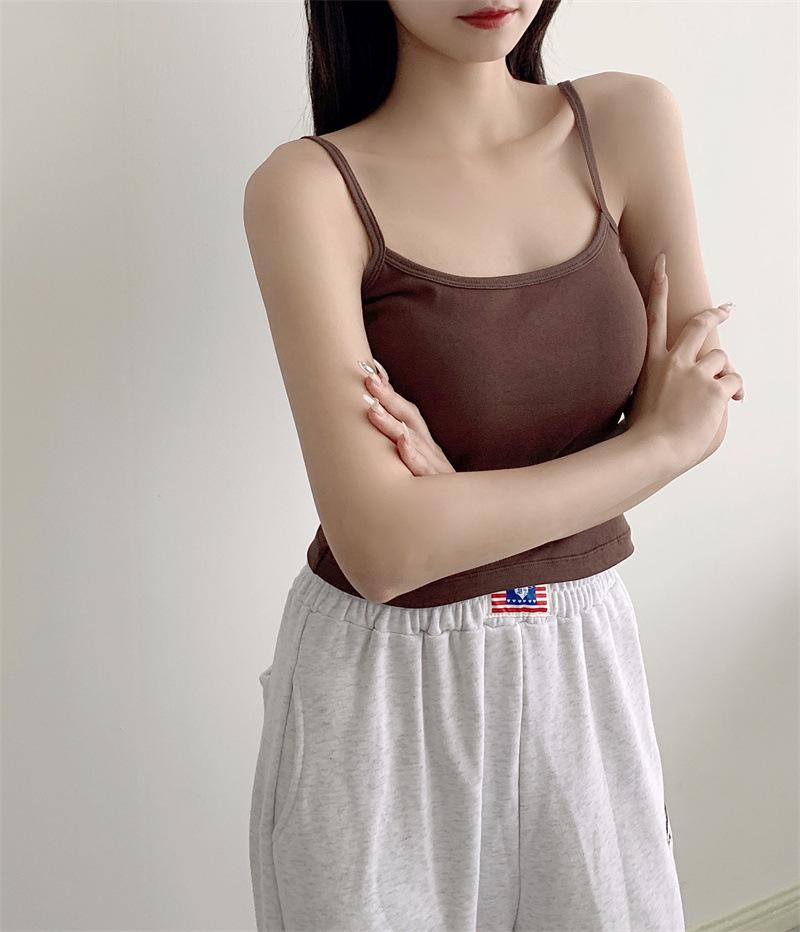 Cotton Cami Top Seamless Built-in Bra Tank Short Sleeveless Shirt Solid Color Versatile Layering Underwear