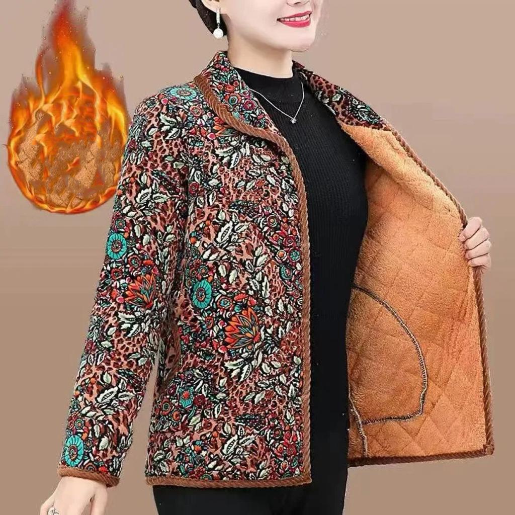 Women's Autumn and Winter Warm Jacket Retro Lapel Short Warm Jacket Printed Lined Padded Jacket