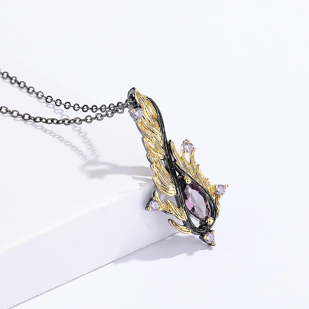 New Purple Water Drop Zircon Jewelry Feather Shaped Pendant Creative Party Black Gold Jewelry Women Necklace Anniversary Gift