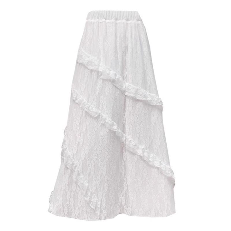 Retro Splicing Twill Vit Spetskjol Dam Sommar Elastisk Midja Tunn A-linjeformad Kjol