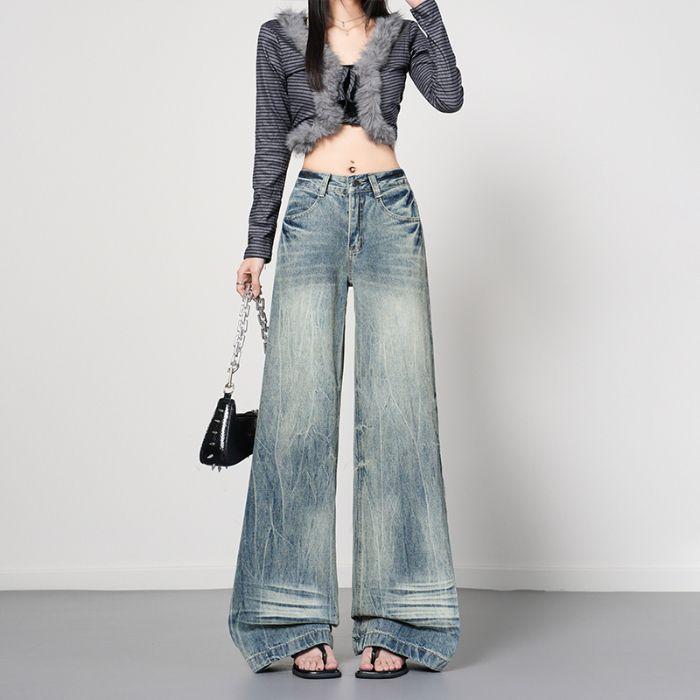Autumn and winter new retro washed lightning pattern micro-horn jeans women