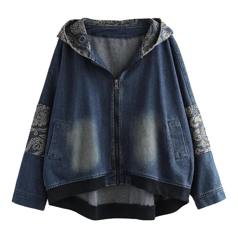 

Осенняя художественная ретро джинсовая куртка с капюшоном в стиле пэчворк, женская короткая модель, свободная повседневная одежда, весеннее джинсовое пальто с капюшоном XS синий