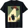 Vintage Japoński Kot Obcy Kot Tata UFO Porwanie Graficzna Koszulka T-Shirt