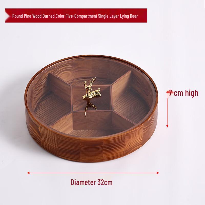 Burnt Pine Wood Round 5-Compartment Snack Tray with Deer Design