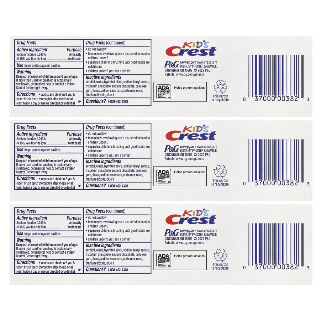 Children's, Cavity Protection, Fluoride Cavity Prevention Toothpaste, Sparkle Fun, 3-Count, 130G (4.6Oz) Each