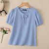 Women Casual Round Neck Short Sleeve Loose Plaid Print Blouse