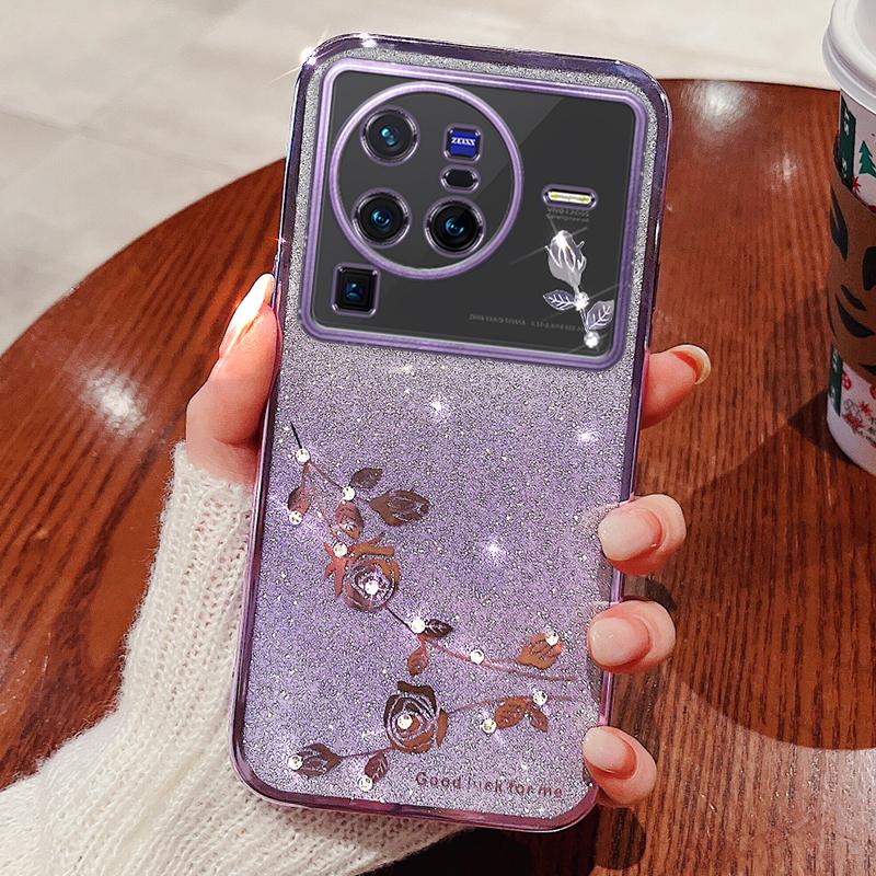 

KADEM For vivo X80 Pro 5G Gradient Glitter Powder TPU Protective Cover Stylish Rhinestone Decor Flower Pattern Phone Back Case Purple