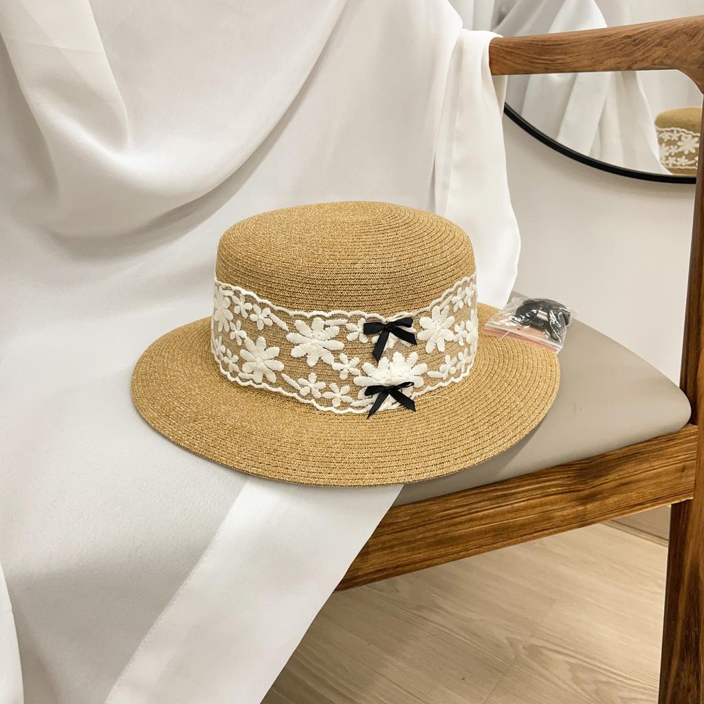 Stråhatt dam sommar solskydd solhatt retro spets liten brätte platt topphatt strandsemester topphatt