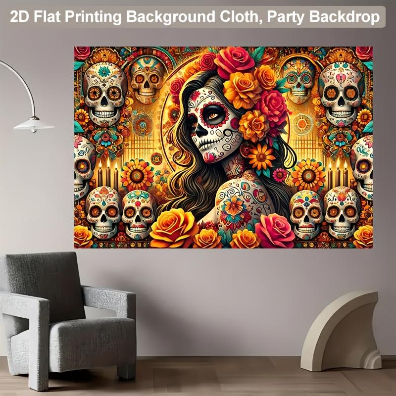 Vibrant Background Fabric for the Day of the Dead Celebration Featuring Floral Skull Design and Mexican Party Decorations