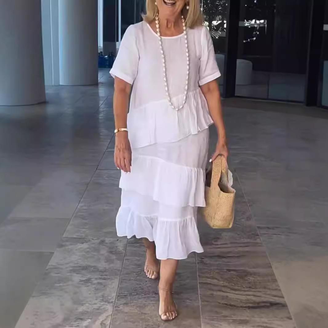 

Женское однотонное повседневное длинное платье из хлопка и льна с круглым вырезом и короткими рукавами в складку L синий