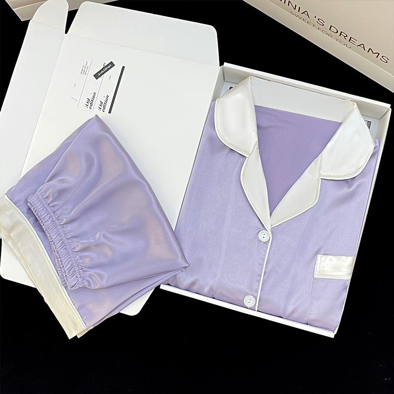 Summer New Ladies Sweet Satin Silk Floral Printed Pajamas Set Short Sleeve+Pants Women Cute Homewear Casual Wear