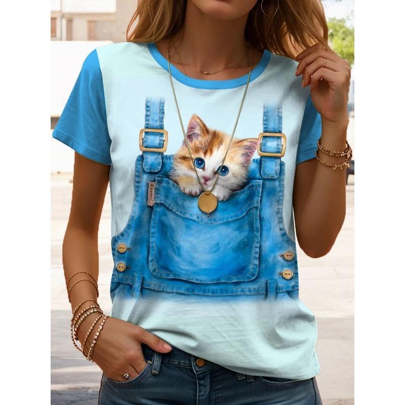 Women's Retro Cat Pattern T-shirt Cute Fashion Short-Sleeved Round Neck Top Regular Fit Daily Weekend Print Blue Summer Spring
