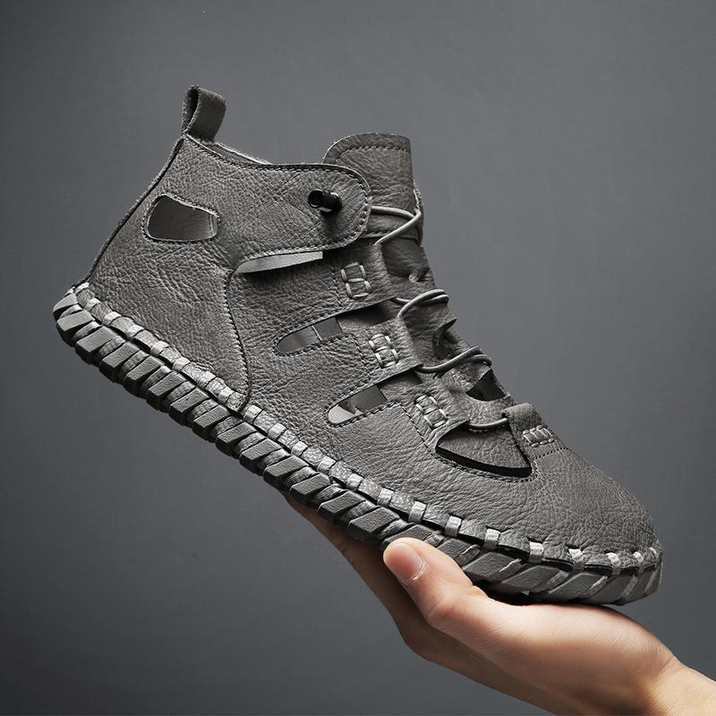 Fashion Summer Anti-collision Toe Men Sandals Casual Leather Roman Shoes Outdoor Man Beach Shoes High Top Ankle Boots Soft Summer Flats