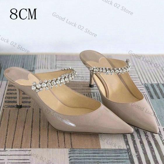 Fashion 2025 Rhinestone Patent Leather Bao Head Half Slippers New European French Wear High Heels Sandals Wedding White Sandals