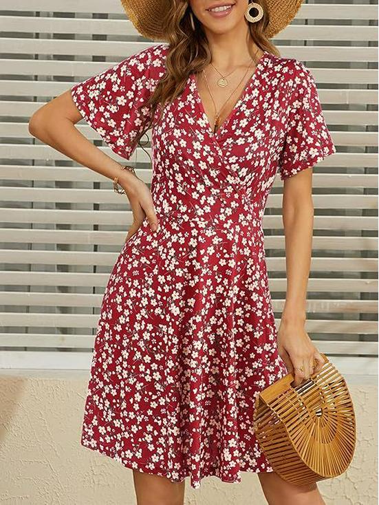 Women's Floral V-Neck A-Line Wrap Dress - Short Sleeve, Summer Style