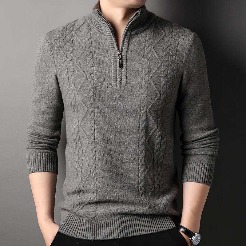 Hengyuanxiang Men s Winter Warm Chunky Knit Zipper Mock Neck 100% Wool Sweater XL