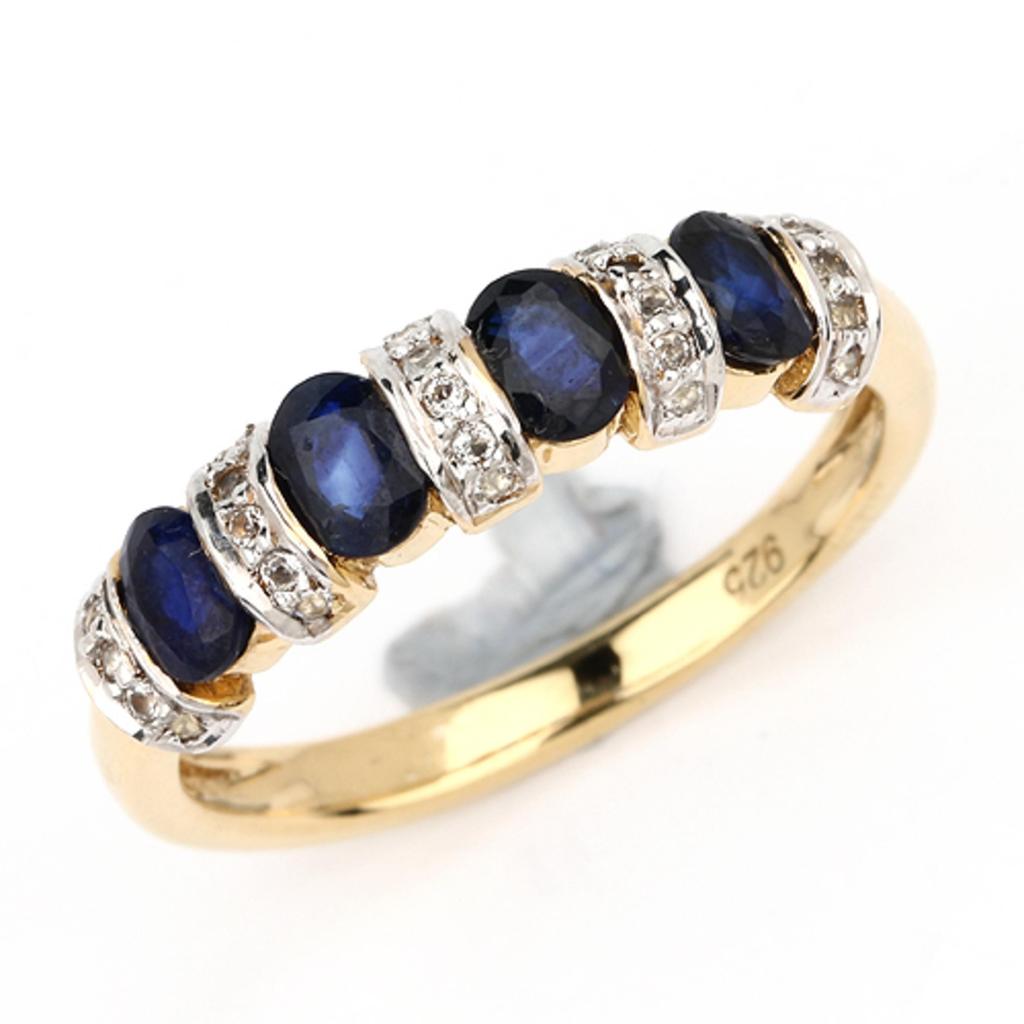 Anello Zaffiro Blu e Topazio Bianco Argento Sterling 925 Placcato Oro Gioiello Raffinato Regalo per Lei