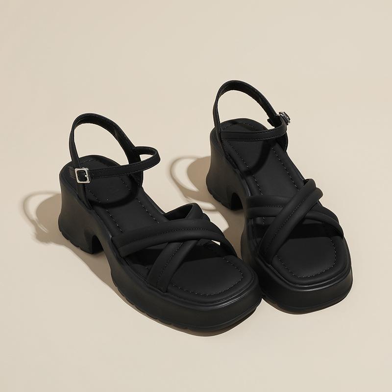 

Not tired feet increase height, soft thick bottom summer new wide strip cross belt one-word buckle muffin Roman sandals women 34 чёрный
