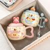 Puppy Rabbit Couple Mug with Lid and Spoon for Women's High Looking Breakfast Cup Brewing Oatmeal Cup Ceramic Cute