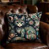Bohemian Paisley Cat Print Throw Pillow Cover, Teal Floral Mandala Art Decorative Cushion
