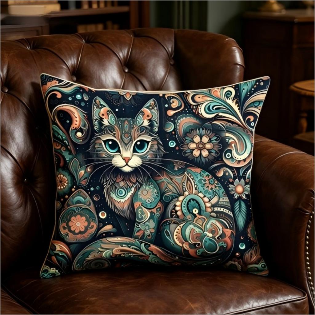 Bohemian Paisley Cat Print Throw Pillow Cover, Teal Floral Mandala Art Decorative Cushion