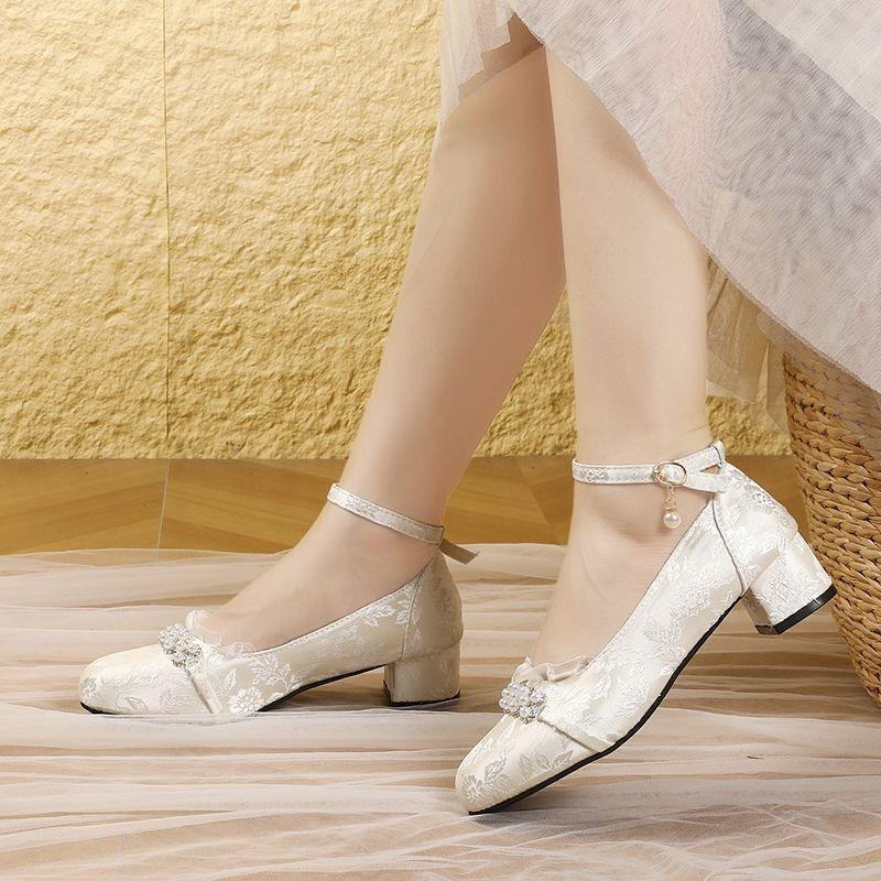 With Horse Dress Cheongsam Shoes High Heels Thick Heel Super Fairy Mary Jane Small Leather Shoes Hanfu Antique Women's Shoes