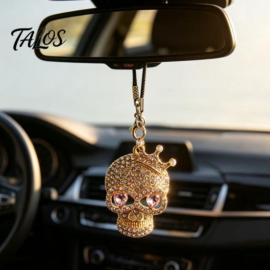 Halloween Auto Ornament Bling Skull Car Hanging Accessories, Rhinestone Head Rear Metal Charm View Mirror Charm, Gothic for Interior Decoration