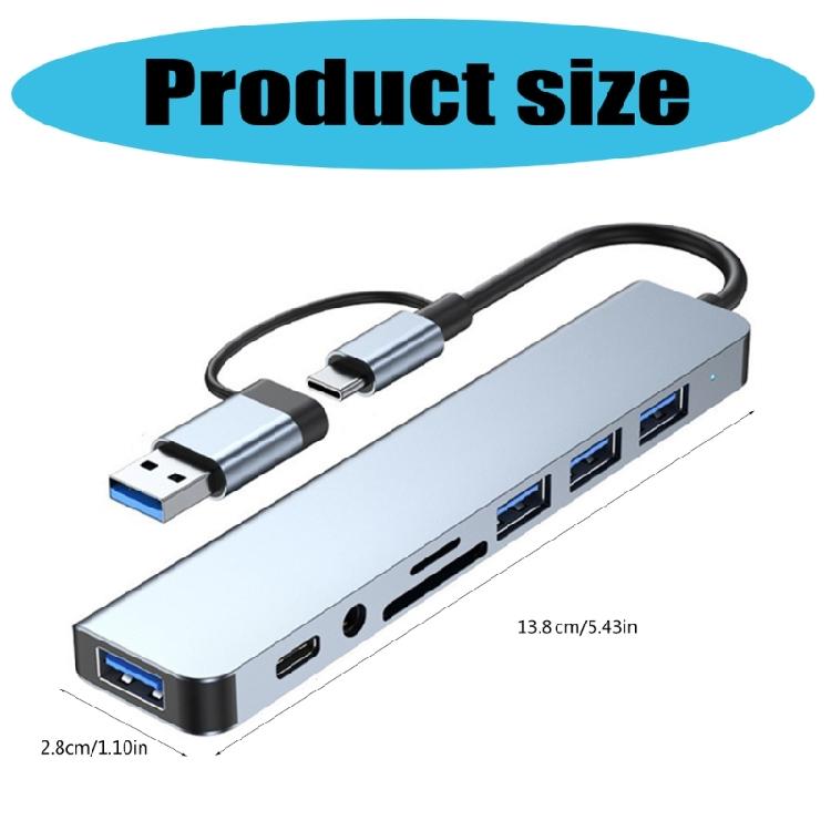 Aluminum 8 In 1 USB C Adapter Hub with 4 USB Port Splitter Adapter Small Card Reader and 3.5 Auditory Port Efficient