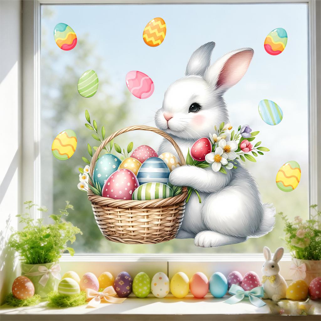Easter Bunny Eggs Static Cling Window Stickers No Glue Removable for Bedroom Living Room Study Holiday Decor