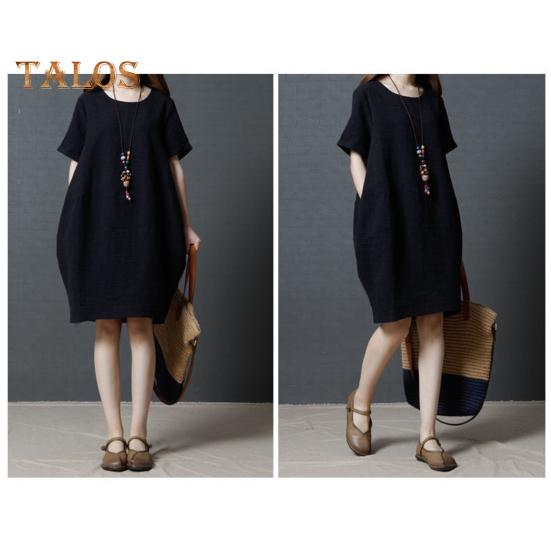 Lady Summer Dress O Neck Short Sleeves Pure Color Loose Side Pockets Knee Length Pullover Casual Commute Midi Dress